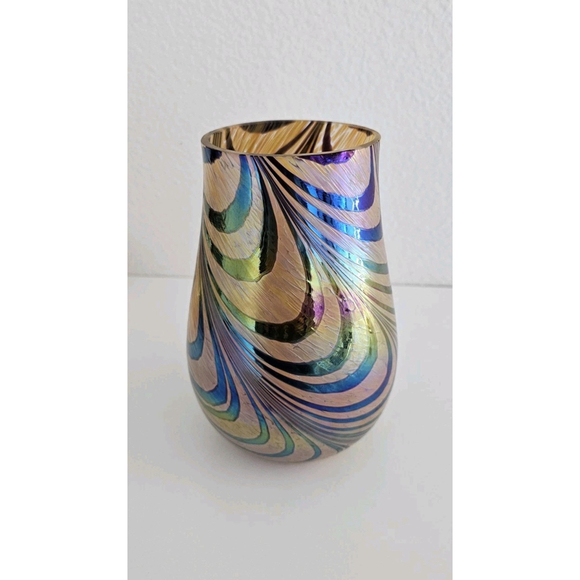 Teleflora Swirl Iridescent Blue Green Purple Gold Vase Modern Art Glass 7" - Picture 3 of 9
